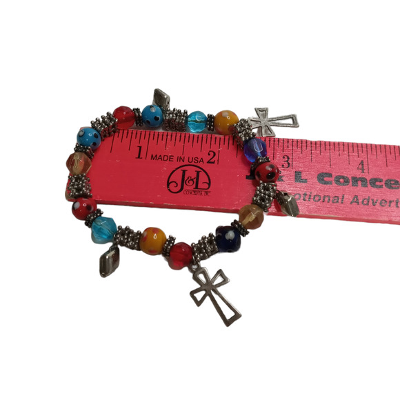 🌈 Multicolor Lampwork Bracelet w/ Cross Charms | Boho VTG Stretch - Picture 9 of 12
